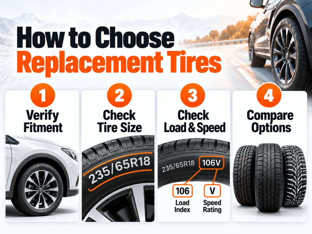 image represents factors to consider for replacement tires