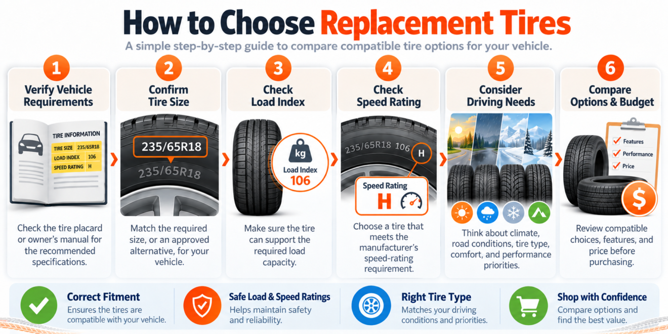 Replacement tire selection guide showing vehicle requirements. tire size, load index, speed rating, driving needs, and budget