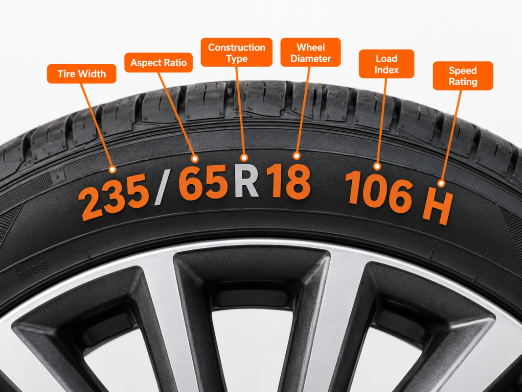 image shows how a tire size can be read