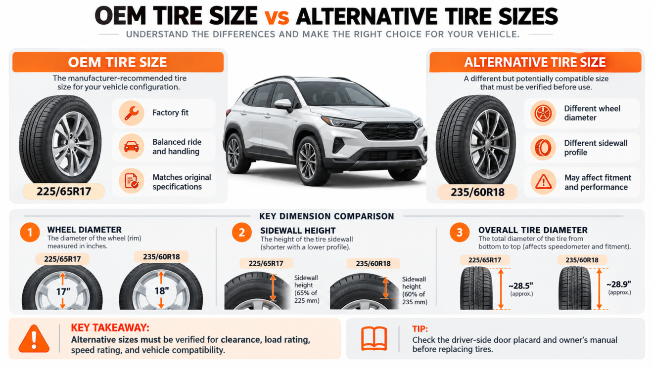 Image explains OEM vs alternate tires