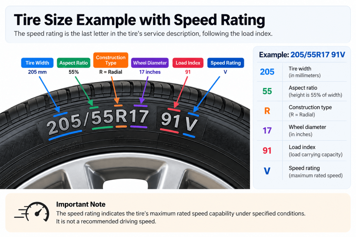 Tire speed rating example showing 205/55R17 91V with V identified as the speed rating
